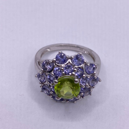Vintage Silver Ring | Green Peridot Blue Tanzanite Gemstone Crystal Birthstone Ring | 925 Sterling Silver Band Crystal Cluster Cocktail Ring