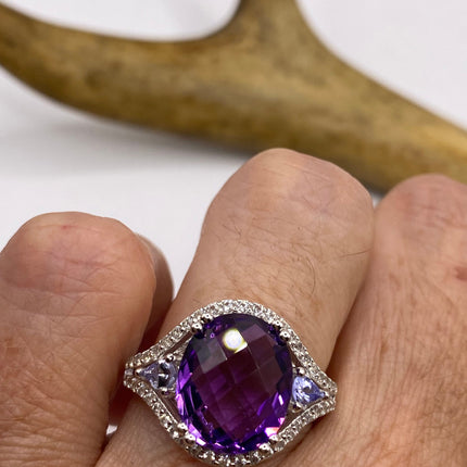 Vintage Purple Amethyst Blue Tanzanite Ring Band 925 Sterling Silver