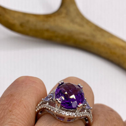 Vintage Purple Amethyst Blue Tanzanite Ring Band 925 Sterling Silver