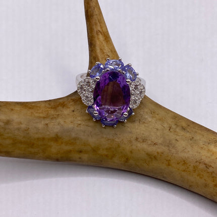 Vintage Purple Amethyst Blue Tanzanite Ring Band 925 Sterling Silver