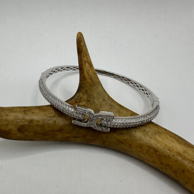 Vintage Silver Bangle | Cubic Zirconia Clear Crystal Diamond Gemstone Sparkling Cuff Bracelet | 925 Sterling Silver Elegant Wedding Everyday