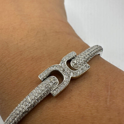 Vintage Silver Bangle | Cubic Zirconia Clear Crystal Diamond Gemstone Sparkling Cuff Bracelet | 925 Sterling Silver Elegant Wedding Everyday