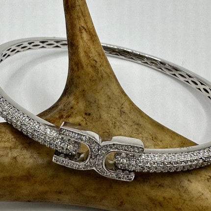 Vintage Silver Bangle | Cubic Zirconia Clear Crystal Diamond Gemstone Sparkling Cuff Bracelet | 925 Sterling Silver Elegant Wedding Everyday