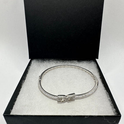 Vintage Silver Bangle | Cubic Zirconia Clear Crystal Diamond Gemstone Sparkling Cuff Bracelet | 925 Sterling Silver Elegant Wedding Everyday