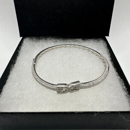Vintage Silver Bangle | Cubic Zirconia Clear Crystal Diamond Gemstone Sparkling Cuff Bracelet | 925 Sterling Silver Elegant Wedding Everyday