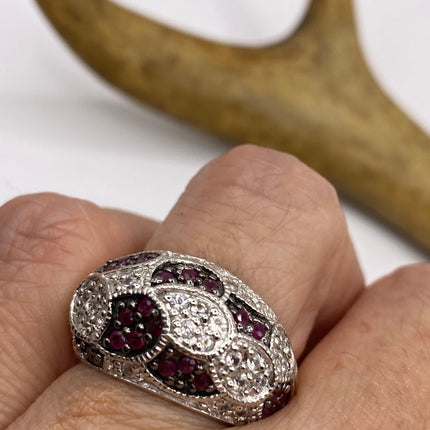 Vintage Red Tourmaline Ring Band 925 Sterling Silver