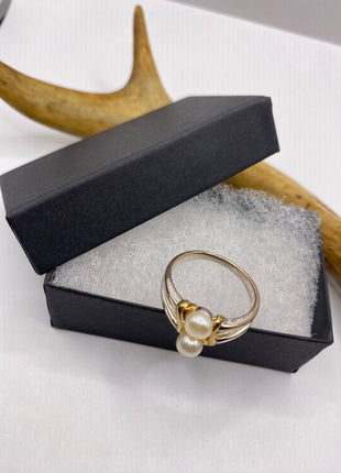 Vintage Silver Ring | Dainty White Pearl Gemstone | 925 Sterling Silver Band Unique Two Stone Cocktail Promise Engagement Wedding Ring