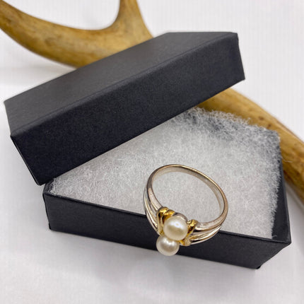 Vintage Silver Ring | Dainty White Pearl Gemstone | 925 Sterling Silver Band Unique Two Stone Cocktail Promise Engagement Wedding Ring