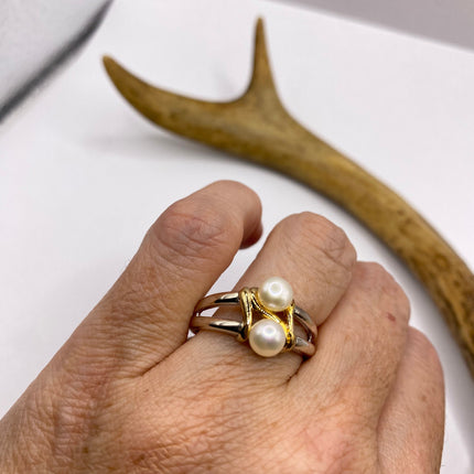 Vintage Silver Ring | Dainty White Pearl Gemstone | 925 Sterling Silver Band Unique Two Stone Cocktail Promise Engagement Wedding Ring