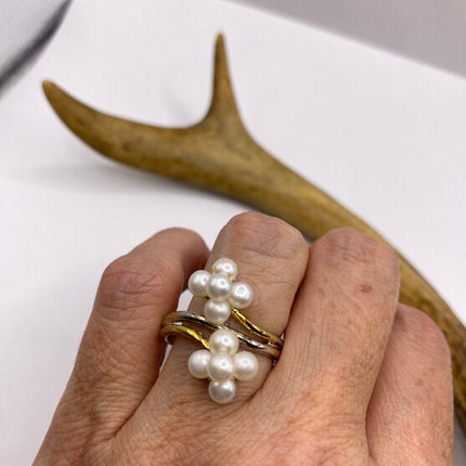 Vintage White Pearl Cocktail Ring Band 925 Sterling Silver