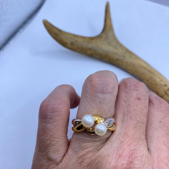 Vintage White Pearl Cocktail Ring Band 925 Sterling Silver