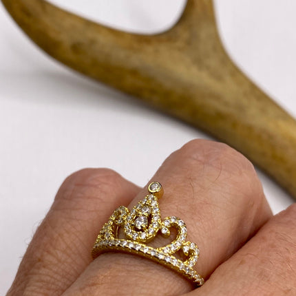 Vintage Crown Ring Cocktail Ring Band Golden 925 Sterling Silver