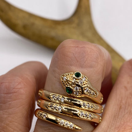 Vintage Gold Snake Ring | Cubic Zirconia Crystal Diamond Gemstones 9k Gold Filled Band | Unique Gift Serpent Statement Cocktail Ring