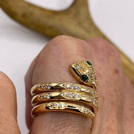 Vintage Gold Snake Ring | Cubic Zirconia Crystal Diamond Gemstones 9k Gold Filled Band | Unique Gift Serpent Statement Cocktail Ring
