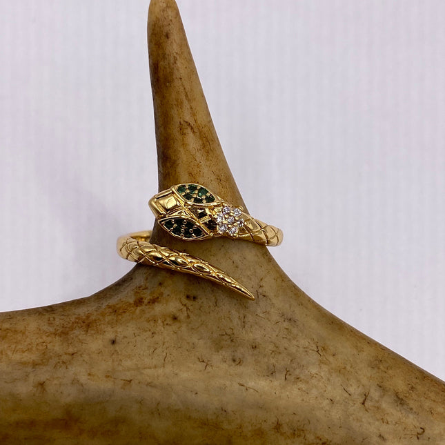 Vintage Gold Snake Ring | Green and Cubic Zirconia Crystal Diamond Gemstones 9k Gold Filled Band | Unique Gift Serpent Statement Ring
