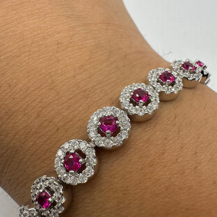 Vintage Silver Tennis Bracelet | Ruby Crystal Diamond Cubic Zirconia | 925 Sterling Silver