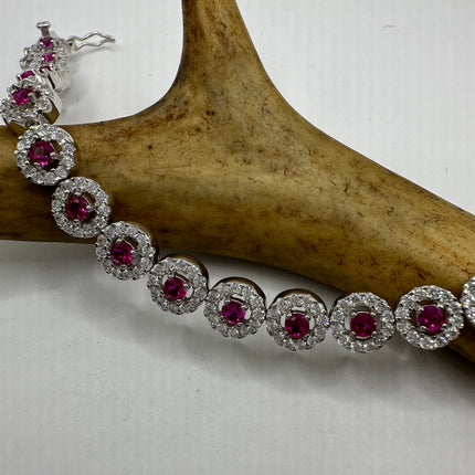 Vintage Silver Tennis Bracelet | Ruby Crystal Diamond Cubic Zirconia | 925 Sterling Silver
