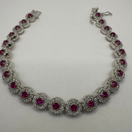 Vintage Silver Tennis Bracelet | Ruby Crystal Diamond Cubic Zirconia | 925 Sterling Silver