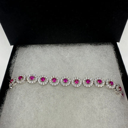 Vintage Silver Tennis Bracelet | Ruby Crystal Diamond Cubic Zirconia | 925 Sterling Silver