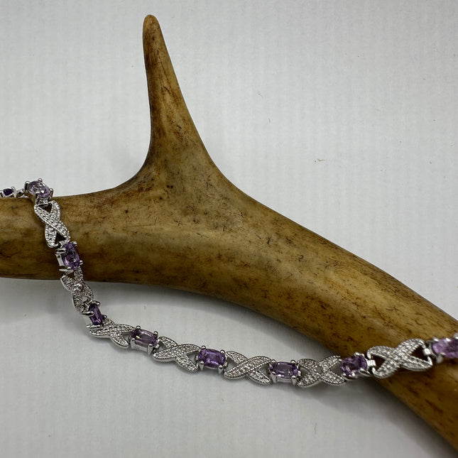 Vintage Silver Tennis Bracelet | Diamond Chip Purple Amethyst Gemstone | 925 Sterling Silver Dainty XOXO Love | Eternity Tennis Bracelet
