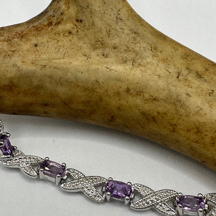 Vintage Silver Tennis Bracelet | Diamond Chip Purple Amethyst Gemstone | 925 Sterling Silver Dainty XOXO Love | Eternity Tennis Bracelet