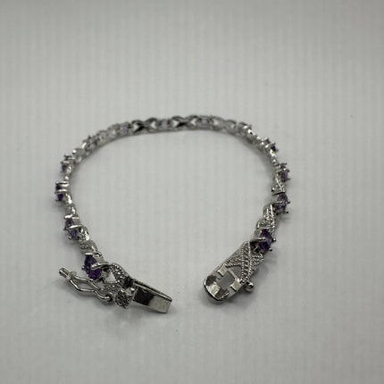 Vintage Silver Tennis Bracelet | Diamond Chip Purple Amethyst Gemstone | 925 Sterling Silver Dainty XOXO Love | Eternity Tennis Bracelet
