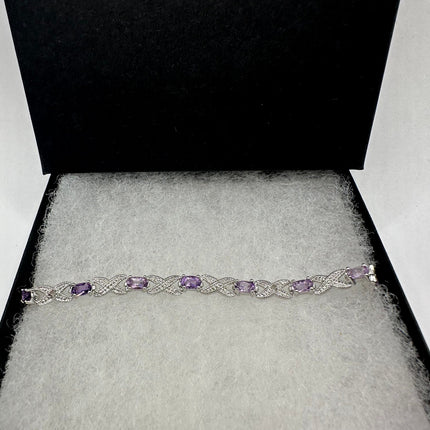 Vintage Silver Tennis Bracelet | Diamond Chip Purple Amethyst Gemstone | 925 Sterling Silver Dainty XOXO Love | Eternity Tennis Bracelet