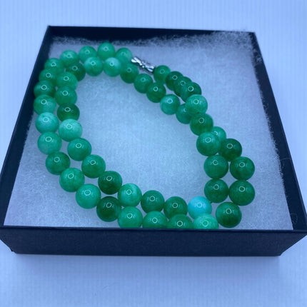 Vintage Green Jade Deco Beaded Necklace - Silver Bronze