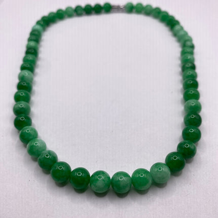 Vintage Green Jade Deco Beaded Necklace - Silver Bronze