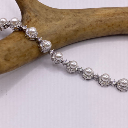 Vintage Silver Tennis Bracelet | Pearl Beads Gemstone Cubic Zirconia Crystal Diamond | 925 Sterling Silver