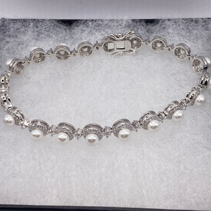 Vintage Silver Tennis Bracelet | Pearl Beads Gemstone Cubic Zirconia Crystal Diamond | 925 Sterling Silver