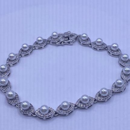 Vintage Silver Tennis Bracelet | Pearl Crystal Diamond Cubic Zirconia | 925 Sterling Silver