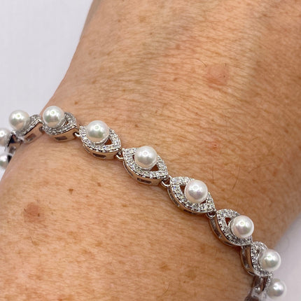 Vintage Silver Tennis Bracelet | Pearl Crystal Diamond Cubic Zirconia | 925 Sterling Silver