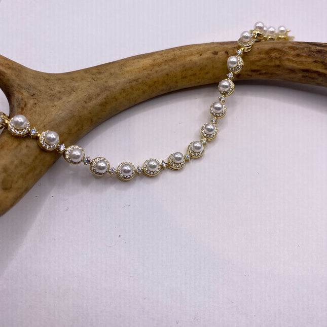 Vintage Gold Tennis Bracelet | Pearl Crystal Diamond Cubic Zirconia | Golden 925 Sterling Silver