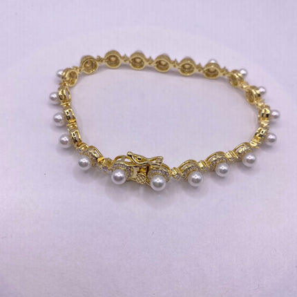 Vintage Gold Tennis Bracelet | Pearl Crystal Diamond Cubic Zirconia | Golden 925 Sterling Silver