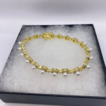 Vintage Gold Tennis Bracelet | Pearl Crystal Diamond Cubic Zirconia | Golden 925 Sterling Silver