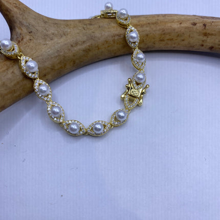 Vintage Gold Tennis Bracelet | Pearl Crystal Diamond Cubic Zirconia | Golden 925 Sterling Silver