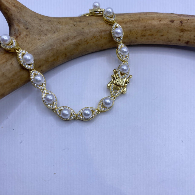Vintage Gold Tennis Bracelet | Pearl Crystal Diamond Cubic Zirconia | Golden 925 Sterling Silver