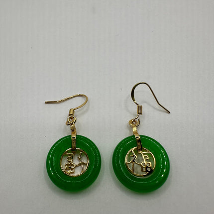Vintage Gold Jade Earrings | Lucky Emerald Green Fun Jade Hoop Loop Dangle Drop | Golden Bronze Calligraphy Setting Earrings
