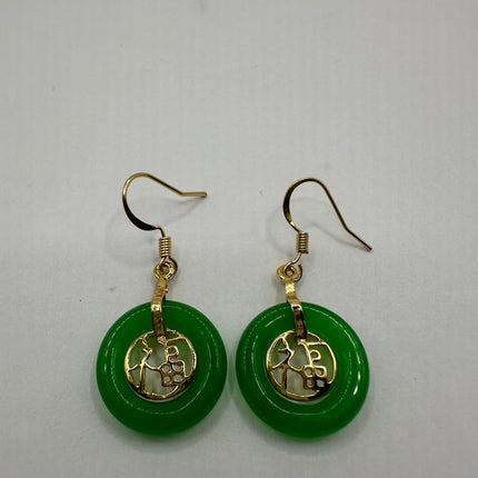 Vintage Gold Jade Earrings | Lucky Emerald Green Fun Jade Hoop Loop Dangle Drop | Golden Bronze Calligraphy Setting Earrings