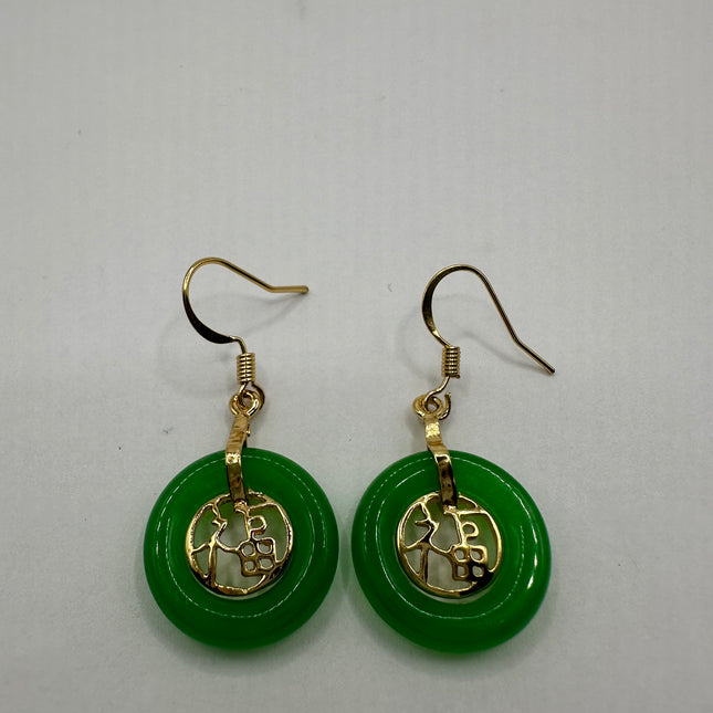 Vintage Gold Jade Earrings | Lucky Emerald Green Fun Jade Hoop Loop Dangle Drop | Golden Bronze Calligraphy Setting Earrings