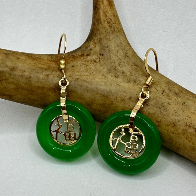 Vintage Gold Jade Earrings | Lucky Emerald Green Fun Jade Hoop Loop Dangle Drop | Golden Bronze Calligraphy Setting Earrings