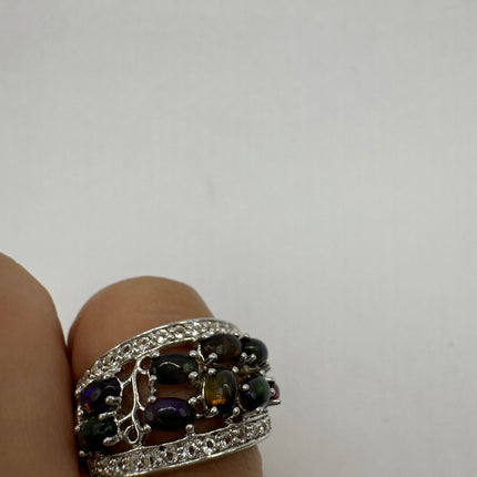 Vintage Black Fire Opal and White Sapphire Band Cocktail Ring