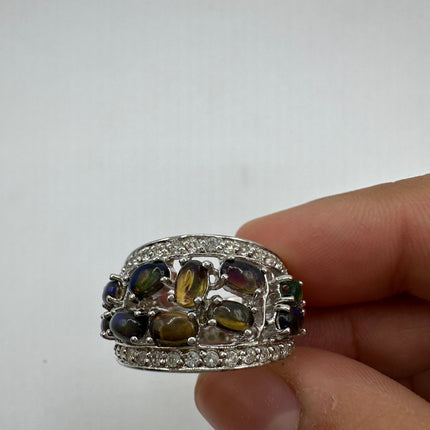 Vintage Black Fire Opal and White Sapphire Band Cocktail Ring