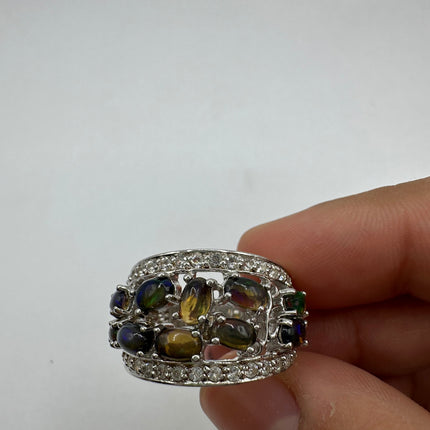 Vintage Black Fire Opal and White Sapphire Band Cocktail Ring