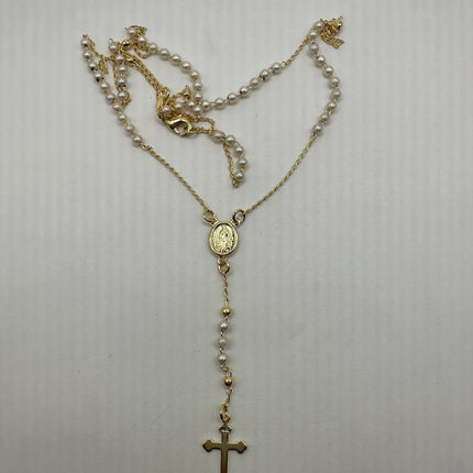 Vintage Gold Rosary Cross | White Freshwater Pearl 9k GF Prayer Necklace