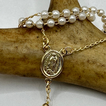 Vintage Gold Rosary Cross | White Freshwater Pearl 9k GF Prayer Necklace