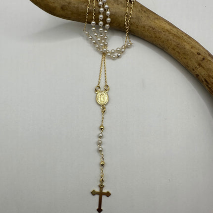 Vintage Gold Rosary Cross | White Freshwater Pearl 9k GF Prayer Necklace