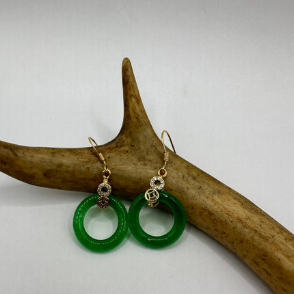 Vintage Gold Green Jade Dangle Hoops Lucky Earrings