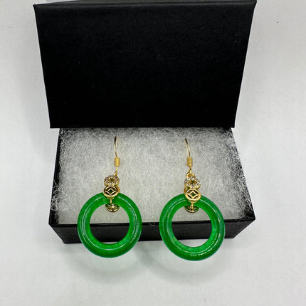 Vintage Gold Green Jade Dangle Hoops Lucky Earrings